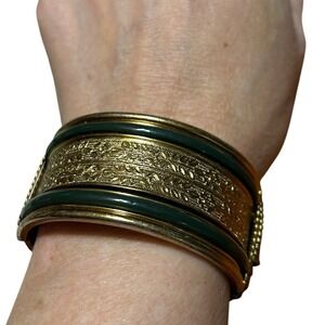 Gold Tone Black Enamel Hinged Cuff Bracelet Vintage Floral Etched Wide Band